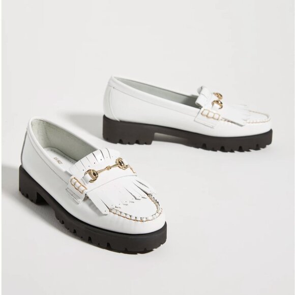 GH BASS Shoes - GH BASS Anthropology White Leather Lianna Horsebit Kiltie Bit Lug Sole Loafers 9